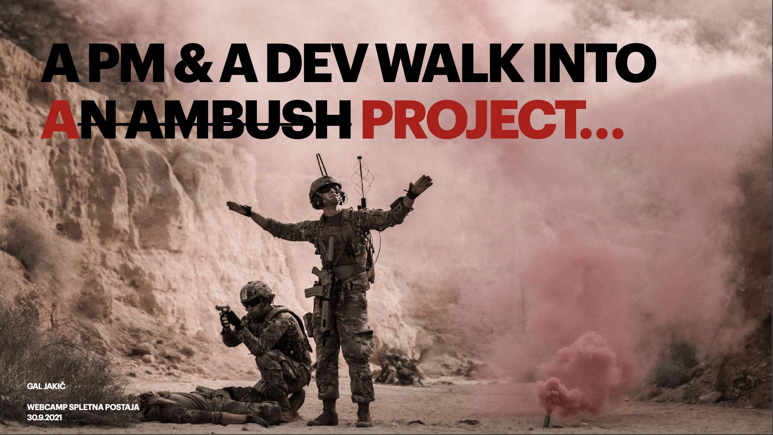 Image of a presentation slide for talk titled A PM and A Dev Walk Into A Project