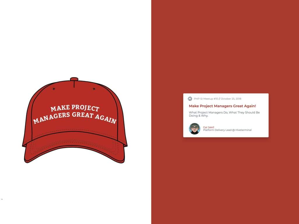 Image of a presentation slide for talk titled Make Project Managers Great Again